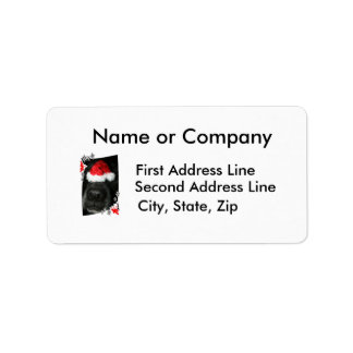 Dog Christmas hat on nose, black lab mix canine Label