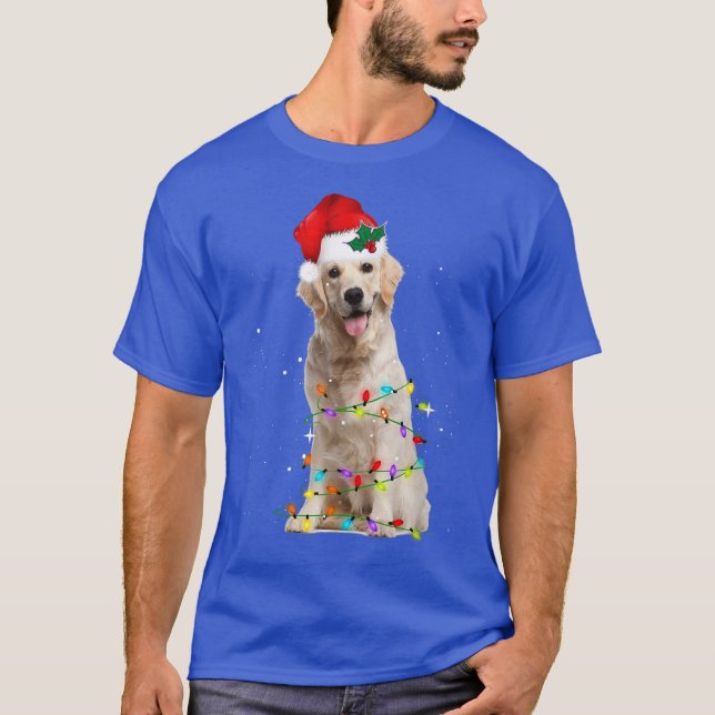 Dog Christmas Light Santa Hat Golden Dogs Lovers T-Shirt (Front)