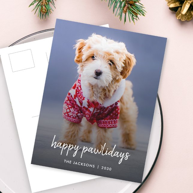 Dog Christmas | Modern Cute Puppy Happy Pawlidays Holiday Postcard (Celebrate your furry friend with a modern Happy Pawlidays postcard by Guava)