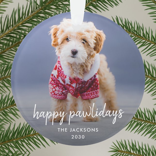 Dog Christmas | Modern Cute Puppy Happy Pawlidays Ornament (Happy Pawlidays acrylic dog photo ornament by Guava, perfect for pet lovers and festive gifting)
