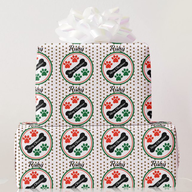 Dog Christmas Paws Add Name Gift Wrapping Paper (Creator Uploaded)