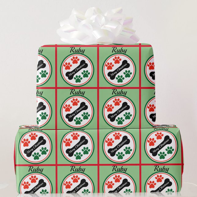 Dog Christmas Paws Add Name Gift Wrapping Paper (Creator Uploaded)