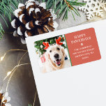Dog Christmas Photo Happy Pawlidays Address Label<br><div class="desc">Modern address label with your favourite photo of your fur baby,  "Happy Pawlidays",  family name in modern serif lettering overlaying festive red background.</div>