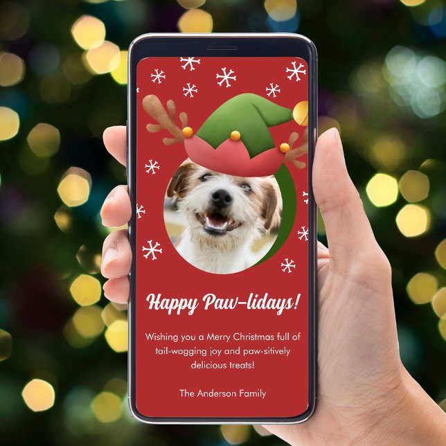 Dog Christmas Photo w/ Elf Reindeer Hat Digital Holiday Card (Creator Uploaded)