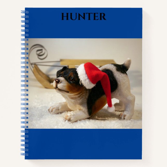 Dog christmas spiral notebook with custom name. (Front)