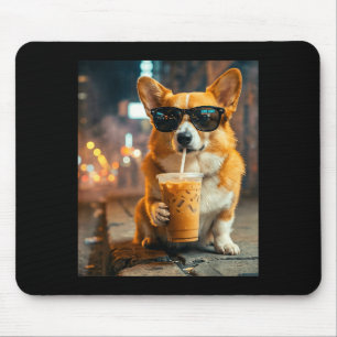 Dog corgi drinking iced coffee funny animal meme mouse pad