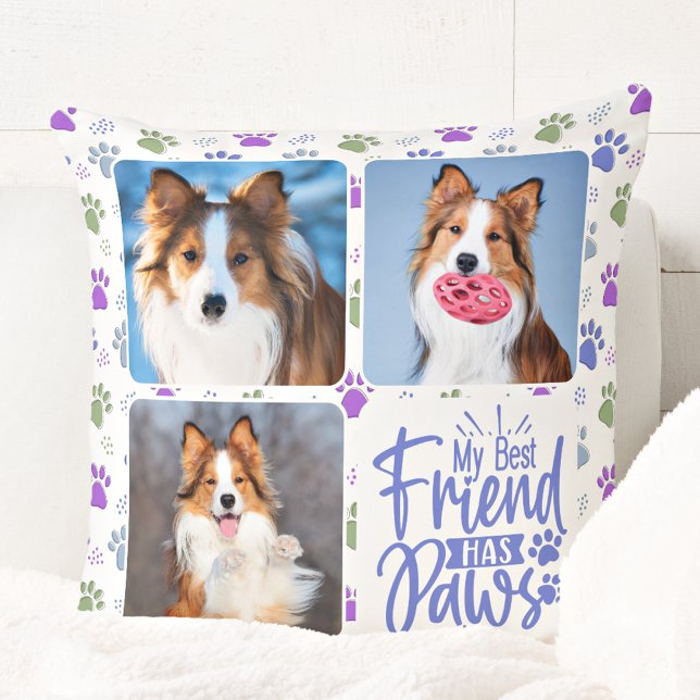 Dog Custom 3 Photo Best Friend Has Paws Paw Print Cushion (Creator Uploaded)