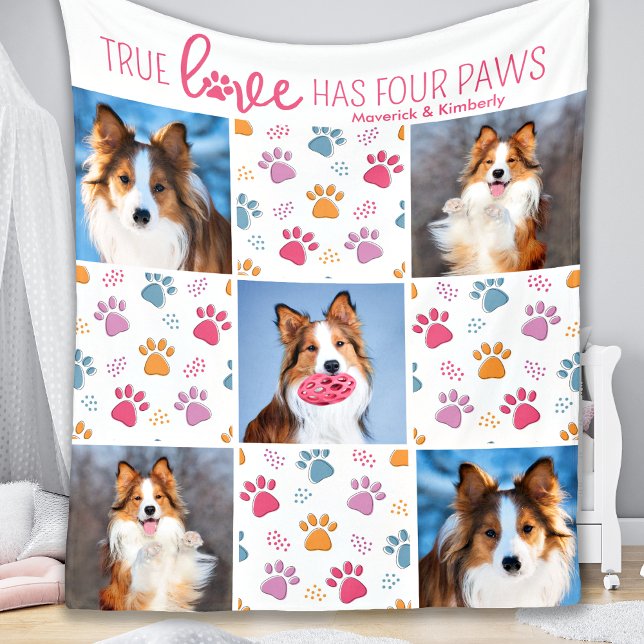 Dog Custom 5 Pet Photo Chic Pink Paw Print Quilt  Fleece Blanket (Creator Uploaded)