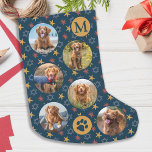 Dog Custom Pet Photo Vintage Retro Stars Pattern Small Christmas Stocking<br><div class="desc">Decorate your home and spoil your favourite pet with this super cute custom pet photo collage and monogram christmas stocking in a blue snowflake background.. 12 photos, 6 each side, for all your years favourite photos and memories. You can do a photo to celebrate each month of the year, or...</div>
