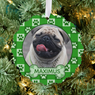 Dog Custom Photo and Name Green Paw Print Gingham Tree Decoration Card