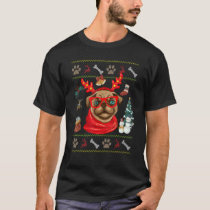 Dog  Cute Pug Reindeer Antlers Ugly Christmas T-Shirt
