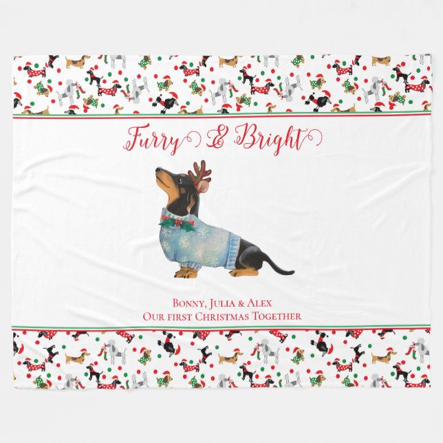 Dog Dachshund Reindeer Hat Christmas Furry Bright Fleece Blanket (Front (Horizontal))