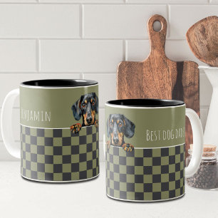 Dog Dad Olive Dark Grey Chequered Dachshund Custom Two-Tone Coffee Mug