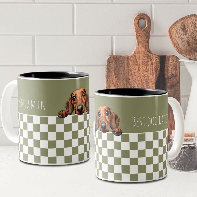 Dog Dad Olive White Chequered Dachshund Custom Two-Tone Coffee Mug (Creator Uploaded)