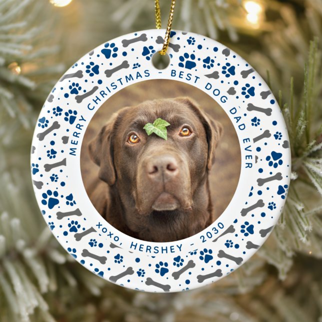 DOG DAD Paw Prints Custom Pet Photo Christmas Ceramic Tree Decoration (Creator Uploaded)