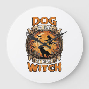 Dog Day Witch Night Halloween Wolf Moon Bats_1 Large Clock