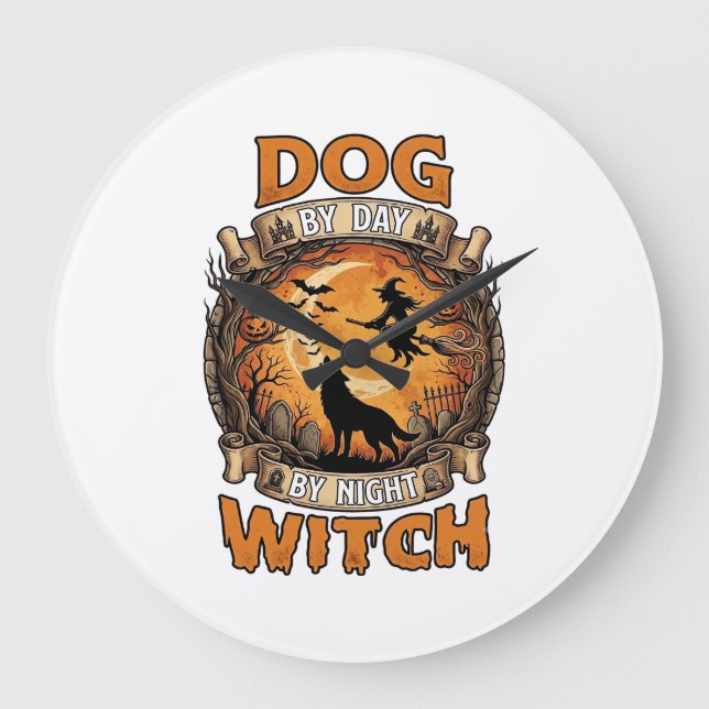 Dog Day Witch Night Halloween Wolf Moon Bats_1 Large Clock (Front)