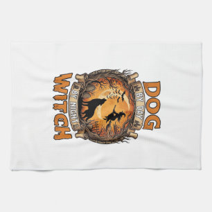 Dog Day Witch Night Halloween Wolf Moon Bats_1 Tea Towel
