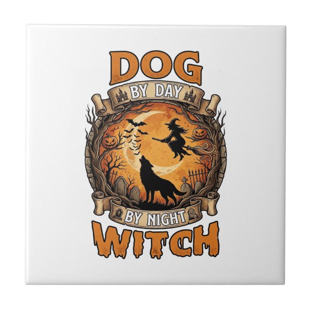 Dog Day Witch Night Halloween Wolf Moon Bats_1 Tile (Front)