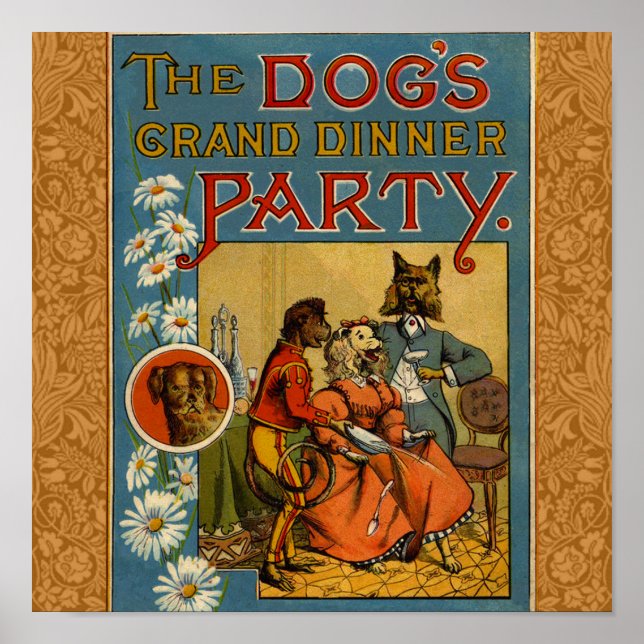 Dog Dinner Party Vintage dog illustration Poster (Front)