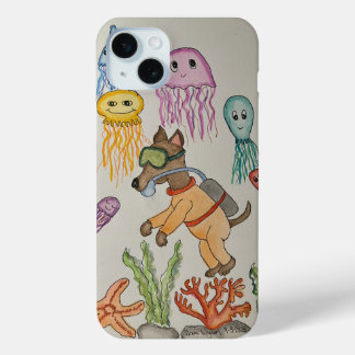 Dog diver and Jellyfish iPhone 15 Mini Case