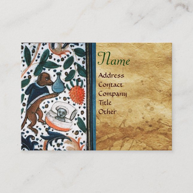 DOG DOCTOR WITH KITTEN Parchment Monogram Business Card (Front)