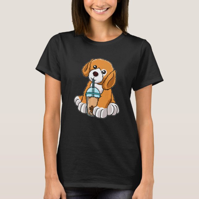 Dog Drinking Bubble Tea Cute Animals With Boba Tea T-Shirt (Front)