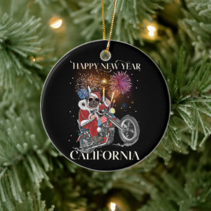 Dog Drives A Motorcycle To California Ceramic Tree Decoration