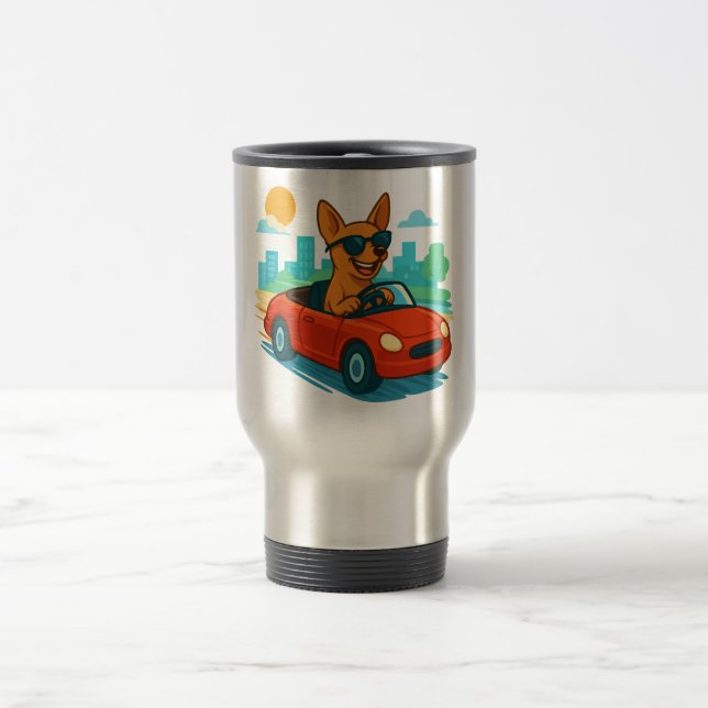 Dog Driving Red Car Cartoon Travel Mug (Center)
