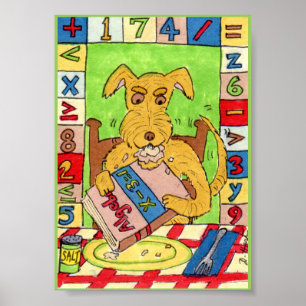 Dog Eating Math Homework Mini Folk Art Poster
