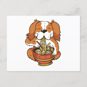 Dog eating ramen noodles postcard