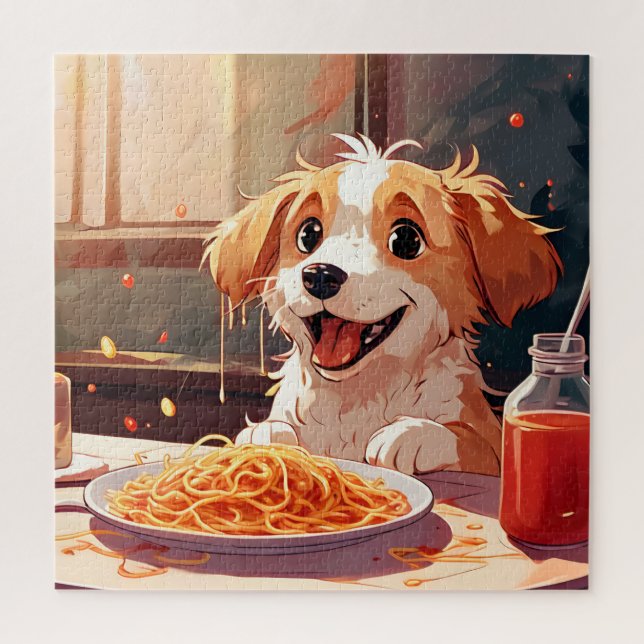 Dog eating spaghetti jigsaw puzzle (Vertical)