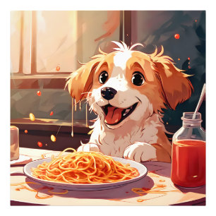 Dog eating spaghetti photo print