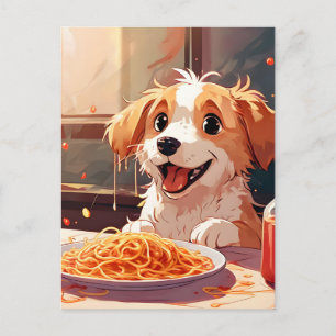 Dog eating spaghetti postcard