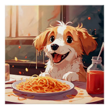 Dog eating spaghetti