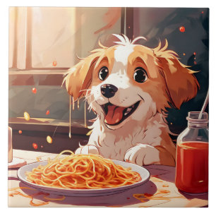 Dog eating spaghetti tile