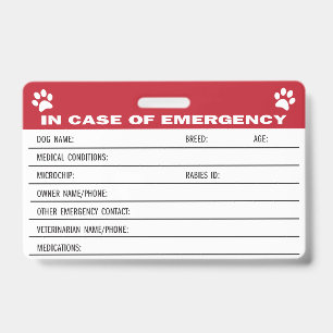 Dog Emergency Medical Information Card ID Badge