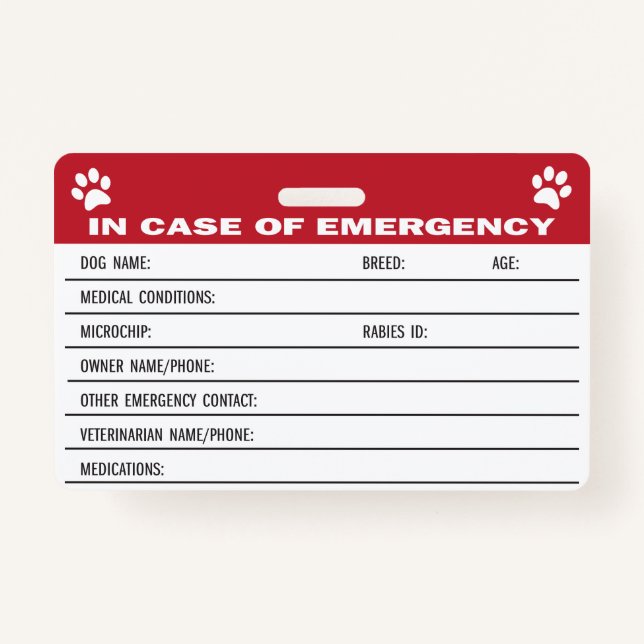 Dog Emergency Medical Information Card ID Badge (Front)