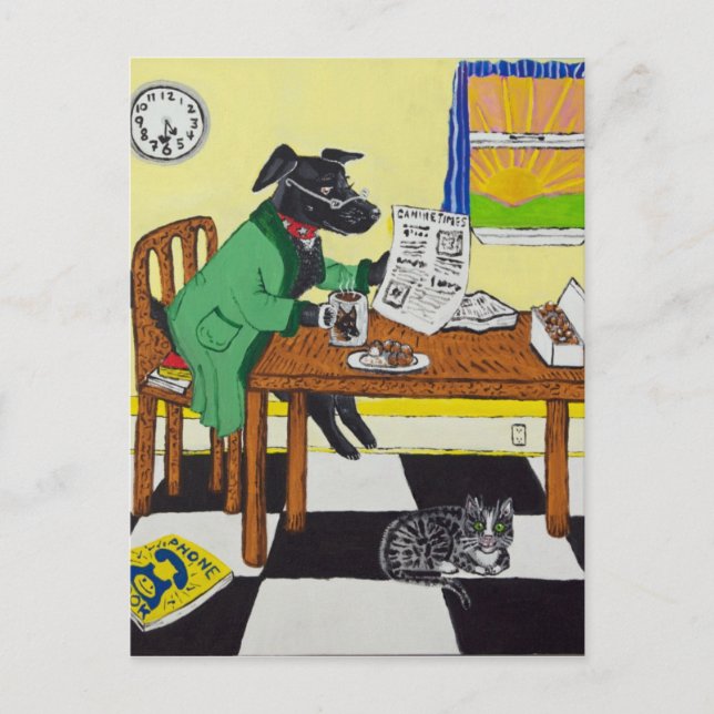 Dog Enjoying Coffee and Doughnuts Postcard (Front)
