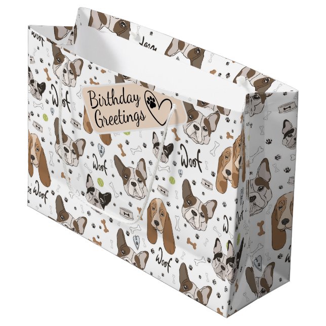 Dog faces bones and paws seamless pattern large gift bag (Front Angled)