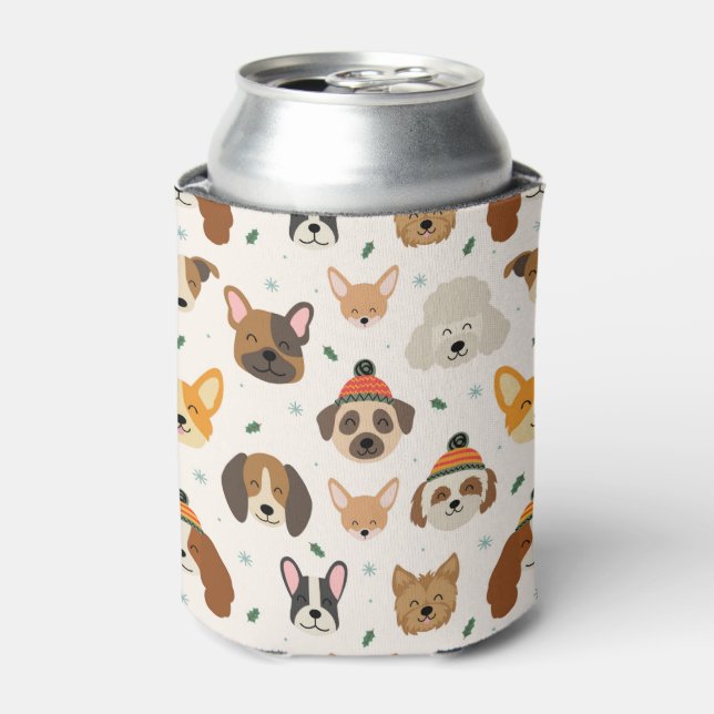 Dog Faces in Winter Hats Holiday Pattern Can Cooler (Can Front)