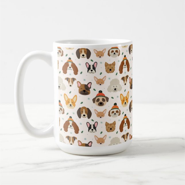 Dog Faces in Winter Hats Holiday Pattern Coffee Mug (Left)