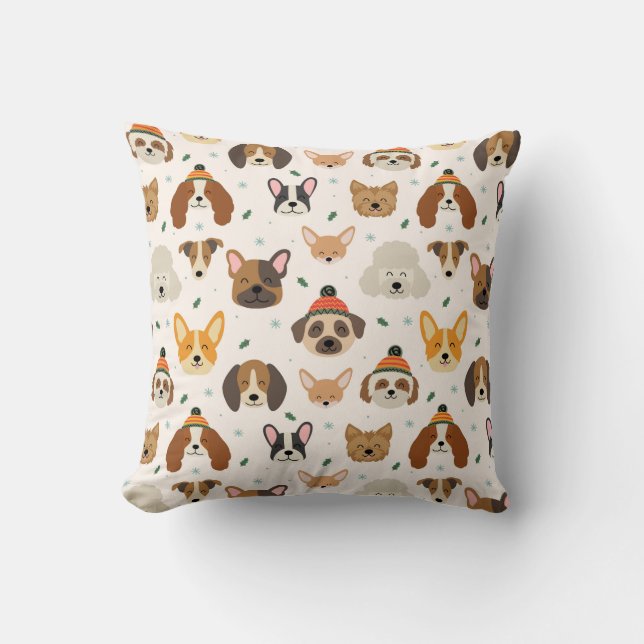 Dog Faces in Winter Hats Holiday Pattern Cushion (Front)