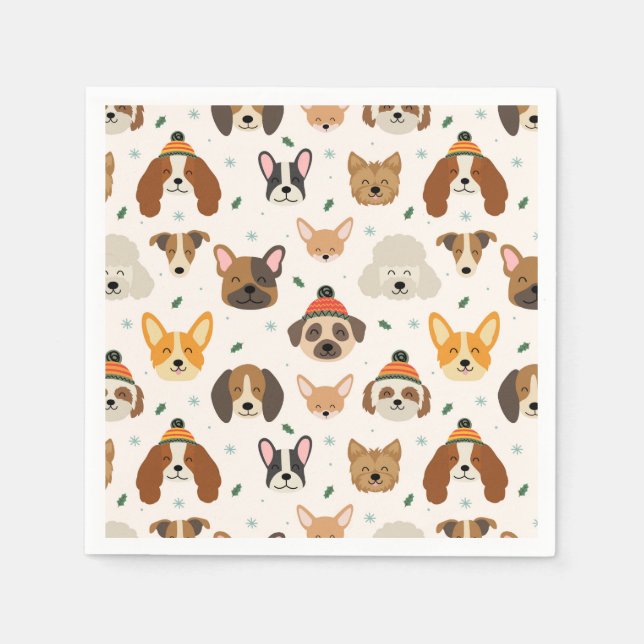 Dog Faces in Winter Hats Holiday Pattern Napkin (Front)