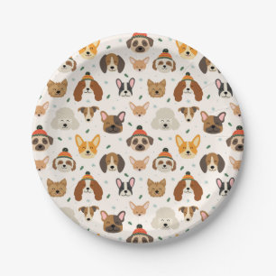 Dog Faces in Winter Hats Holiday Pattern Paper Plate