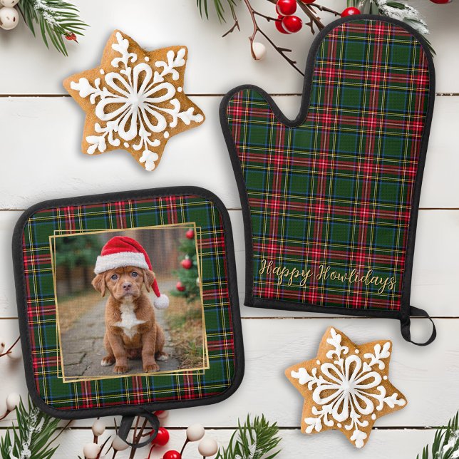 Dog Family Photo Pet Christmas Custom Rustic Plaid Oven Mitt & Pot Holder Set (Creator Uploaded)