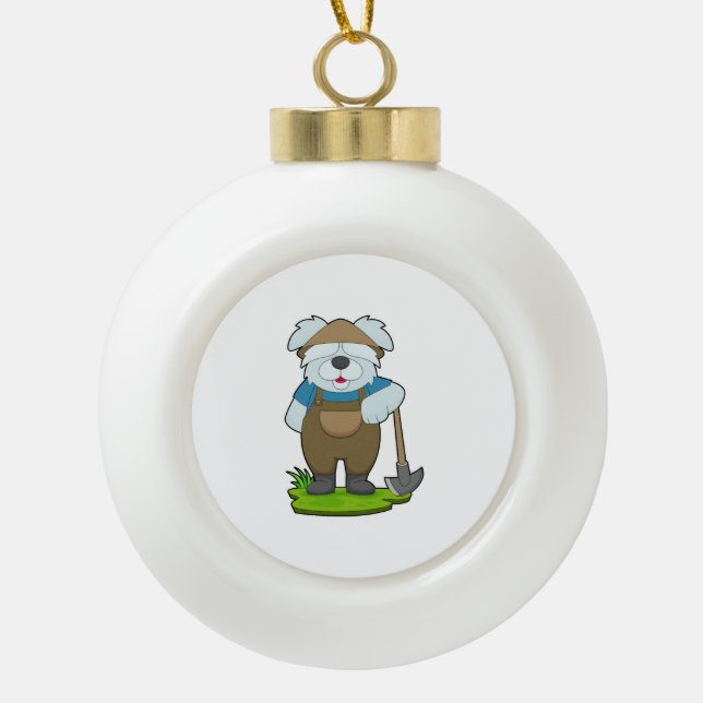 Dog Farmer Pickaxe Ceramic Ball Christmas Ornament (Front)