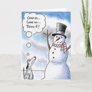 Dog Fetch with Snowman Holiday Card
