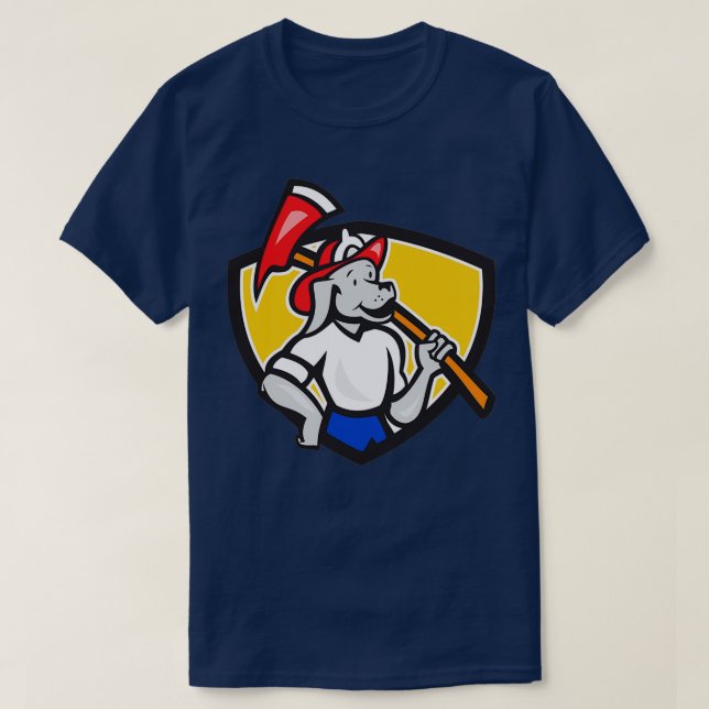 Dog Fireman Firefighter Fire Axe Shield Cartoon T-Shirt (Design Front)