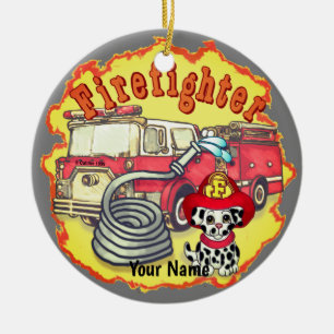 Dog Firetruck Firefighter firefighters Ceramic Tree Decoration